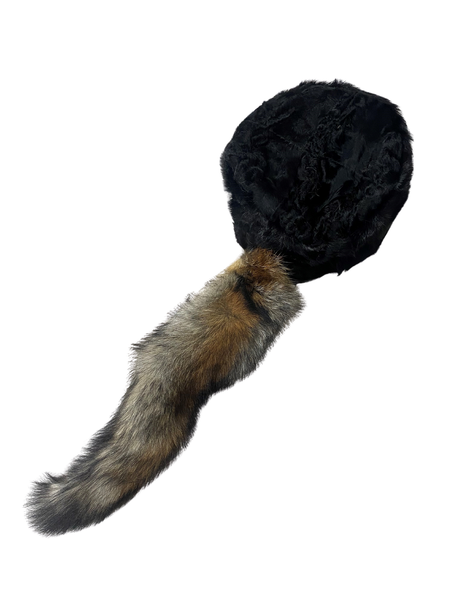 Black Rabbit Fur Hat with removable Fox-tail (Medium)